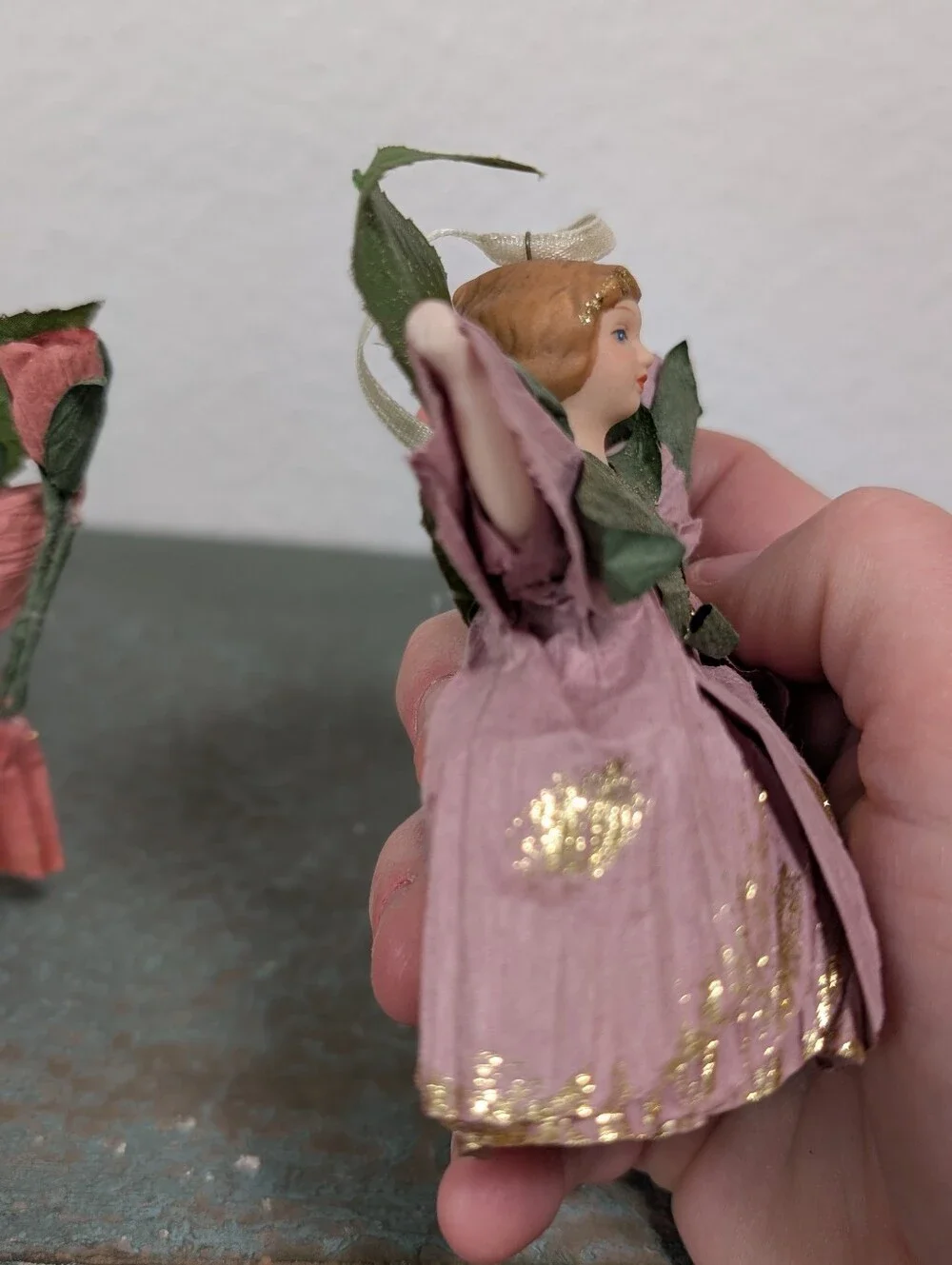 Set of 3 Flower Fairy Doll Ornaments Paper-Crepe Wings Cottagecore Cotton Body